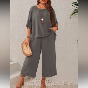 🆕 Plus Size Women's Wide Leg Pants Set With Pockets  Gray Size 1XL